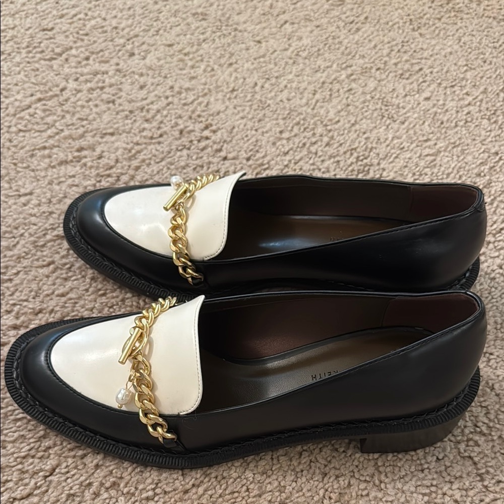 Elegant Black and White Loafers with Gold Chain